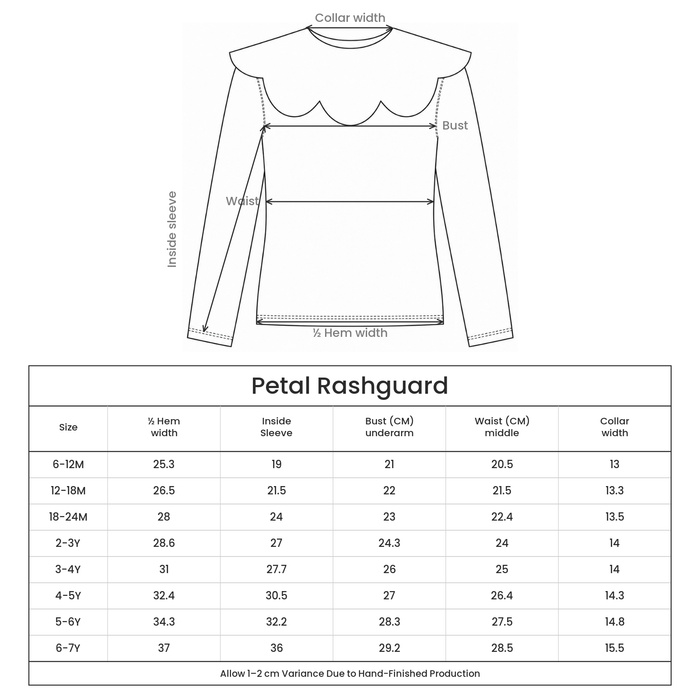 Petal Rashguard size guide