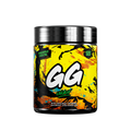 Black container with a colorful abstract label showing supplement facts and usage instructions on the back.