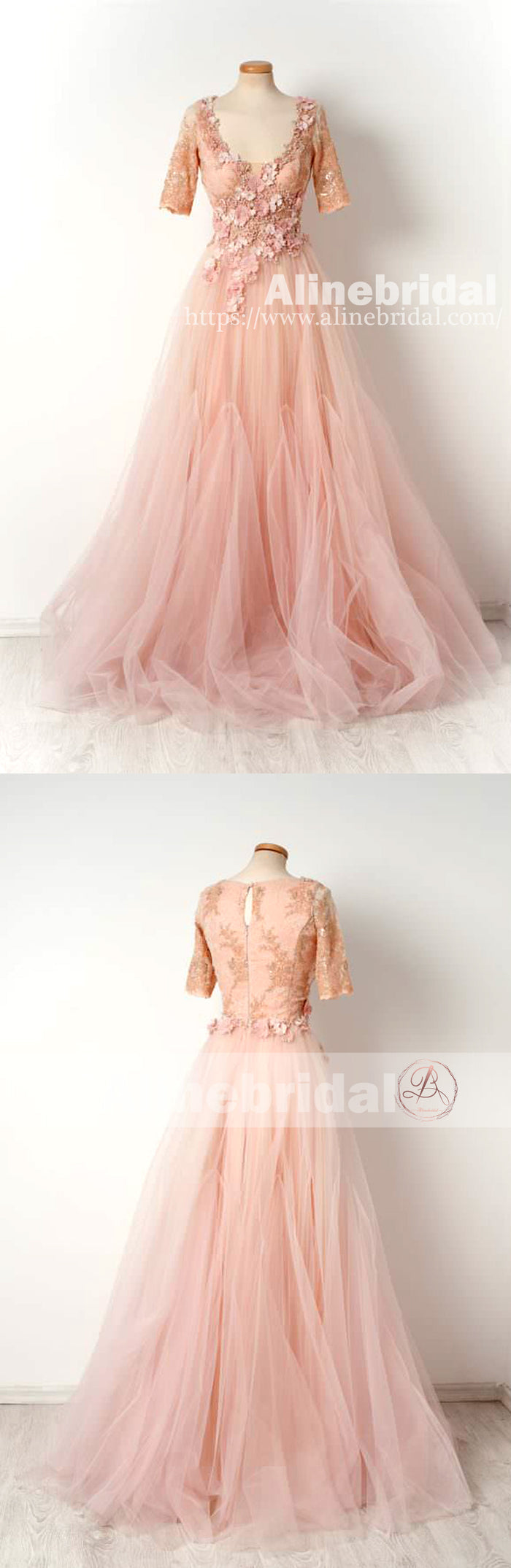 Pink Lace Handmade Flowers Beaded Tulle Half Sleeves Scoop Neck Prom Dresses,PD00105