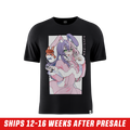 Black shirt with anime-style pink-haired bunny girl in handcuffs held by two police officers on the back
