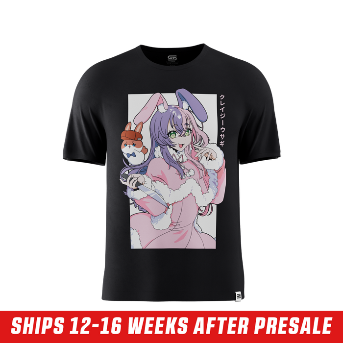 Black shirt with anime-style pink-haired bunny girl in handcuffs held by two police officers on the back
