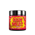 Black jar with a red label featuring nutrition facts and directions for a caffeine-free raw meat supplement.
