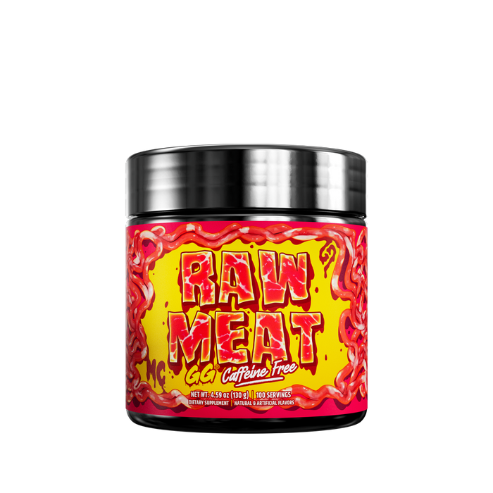Black jar with a red label featuring nutrition facts and directions for a caffeine-free raw meat supplement.