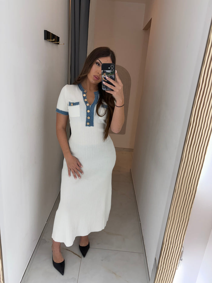 Robe Longue en Maille Côtelée «Riviera» – Blanc & Dénim