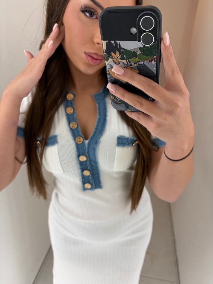 Robe Longue en Maille Côtelée «Riviera» – Blanc & Dénim