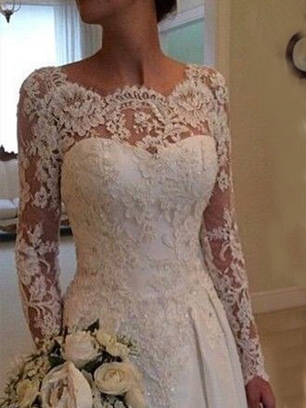 Romantic Lace Appliques A-line Wedding Dress with Sheer Sleeves, WD0043
