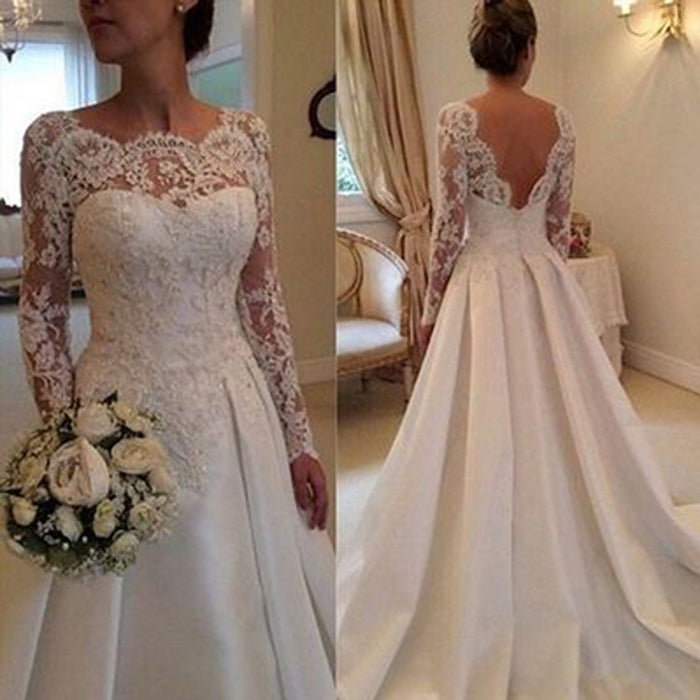 Romantic Lace Appliques A-line Wedding Dress with Sheer Sleeves, WD0043