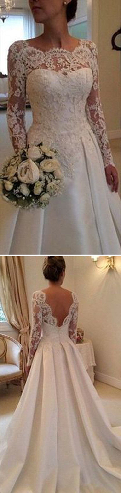 Romantic Lace Appliques A-line Wedding Dress with Sheer Sleeves, WD0043