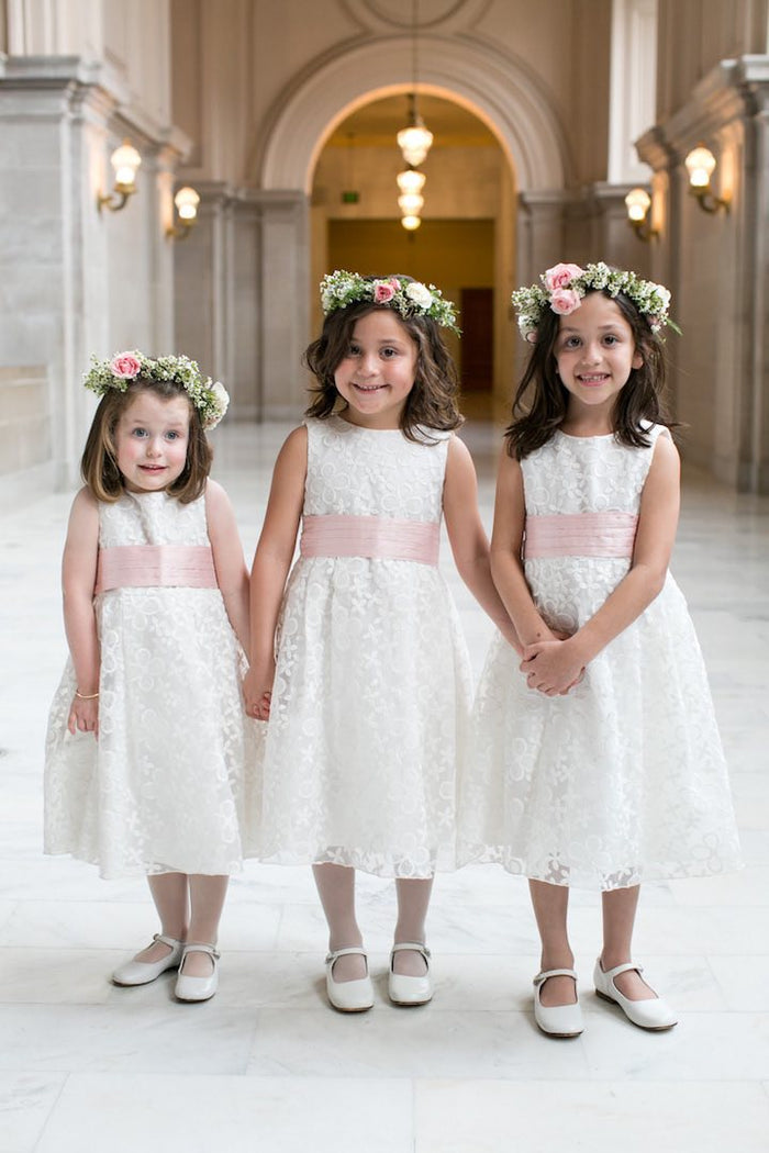 Round Neck Sleeveless Ivory Lace Pink Sash Satin Tea Length Flower Girl Dresses, FG061