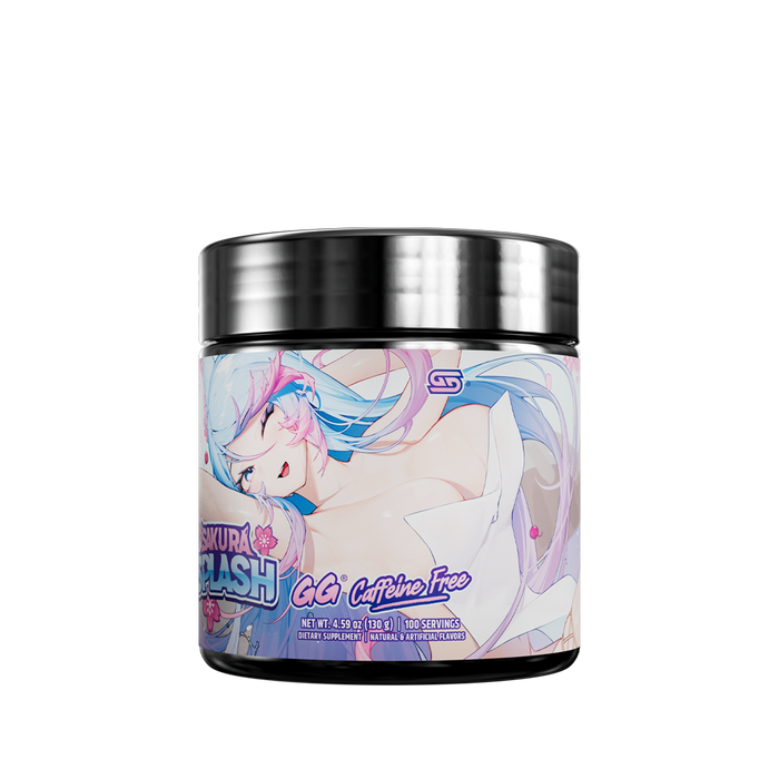 Black container with a purple and pink label showing detailed supplement facts and usage directions for Sakura Splash GG.