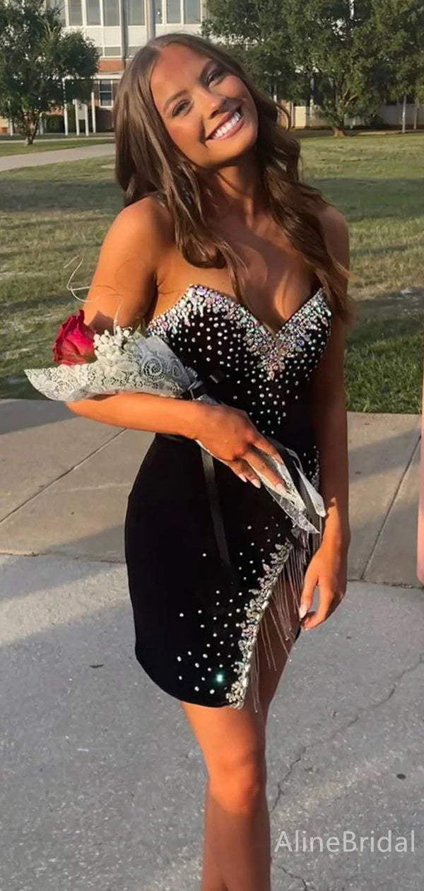 Sexy Black Rhinestons Strapless Side Slit Short Mini Homecoming Dress, HD3228