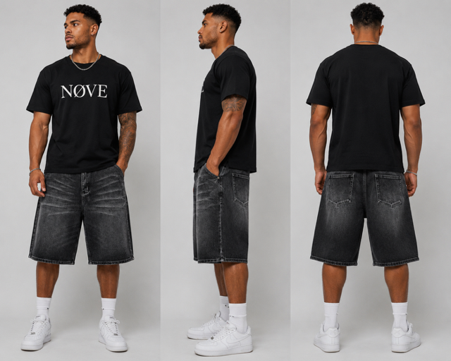 Short Denim Oversized Gris Noir - Face profil dos