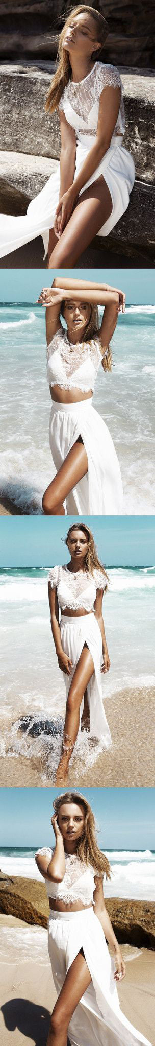 Short Sleeves Two Pieces White Lace With Slit Simple Charming Prom Dresses.AB0300