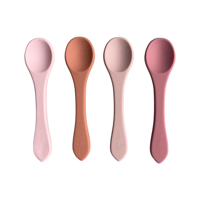 Silicone baby and toddler spoon set of 4 in rose mix colours