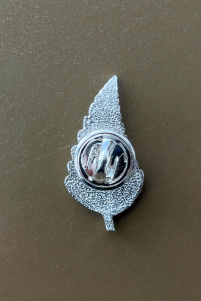 Silver decorative item on a brown surface