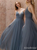 Simple Grey V-neck Spaghetti Strap A-line Long Bridesmaid Dress,PD3231