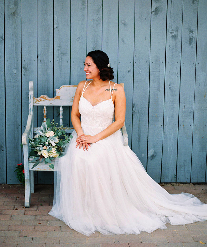 Simple Lace Tulle Backless Spaghetti Strap Long A-line Beach Wedding Dresses , WD0002