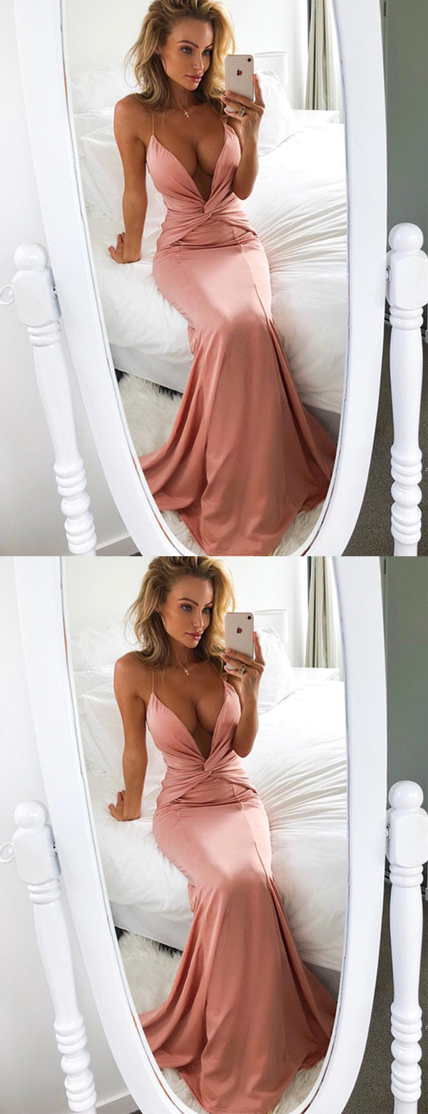 Simple Peach Spaghetti Strap Halter Sexy Mermaid Prom Dresses,PD00338