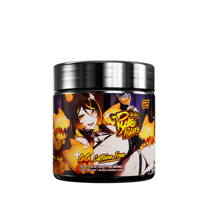 Black jar with a purple and yellow label showing supplement facts and directions in yellow and white text.