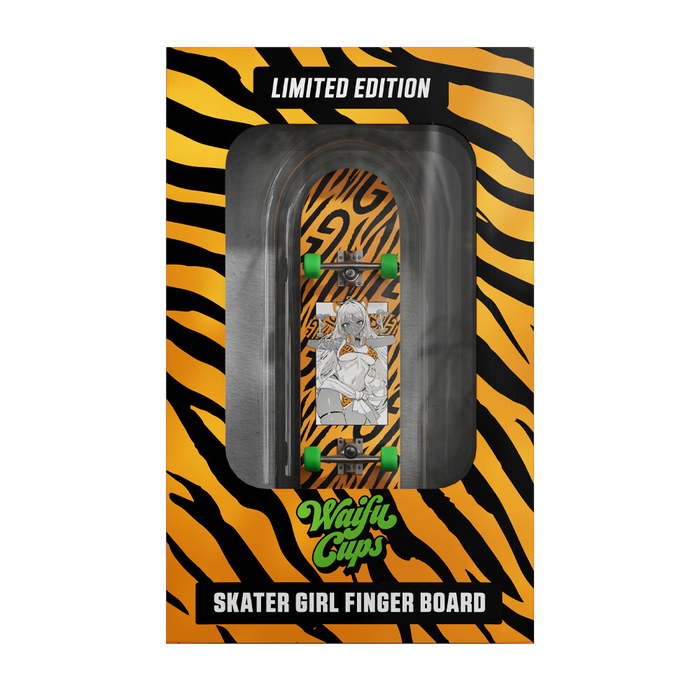 Miniature skateboard with black grip tape and bright green wheels on a natural wood deck edge.