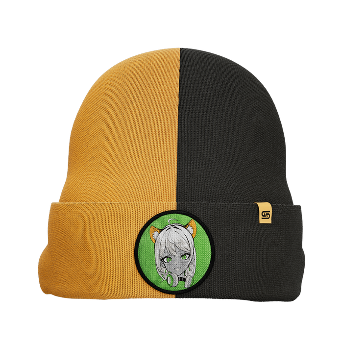 Two-tone black and mustard yellow beanie with a folded cuff featuring a green patch of a girl with cat ears and headphones.