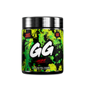 Black container with a silver lid showing detailed supplement facts and directions on a green and black label.