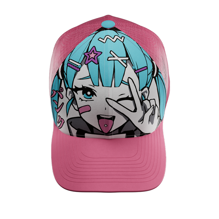 Pink mesh snapback hat with a solid curved brim and a light blue adjustable strap at the back.