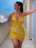 Sparkly Gold Sequins V-neck Strapless Bodycon Short Homecoming Dress, HD3208