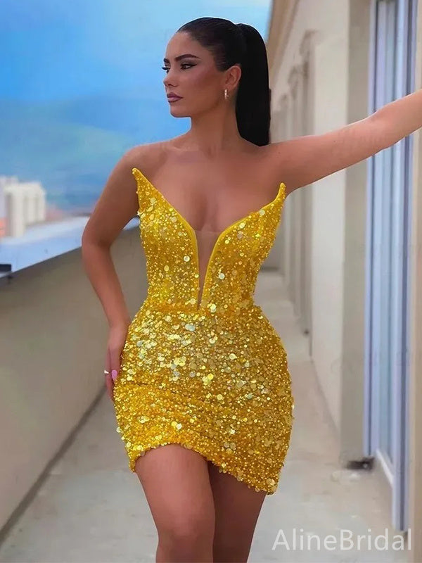 Sparkly Gold Sequins V-neck Strapless Bodycon Short Homecoming Dress, HD3208