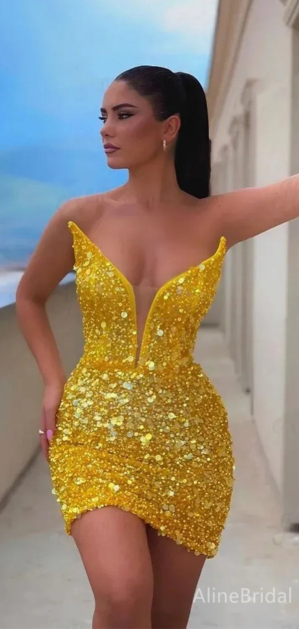 Sparkly Gold Sequins V-neck Strapless Bodycon Short Homecoming Dress, HD3208
