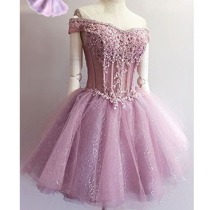 Sparkly Mauve Pink Lace Beaded A-line Tulle Homecoming Dress, BD00150