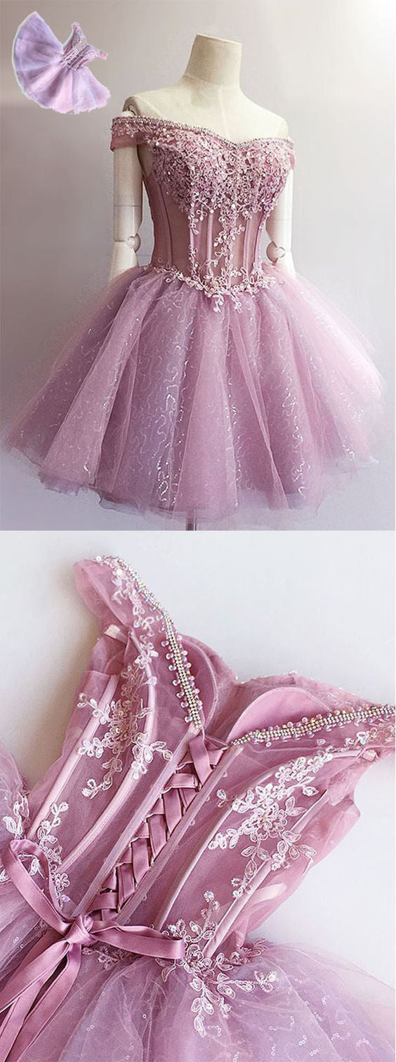 Sparkly Mauve Pink Lace Beaded A-line Tulle Homecoming Dress, BD00150