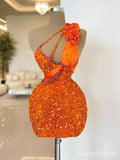 Sparkly Orange Sequins One Shoulder Short Homecoming Dress, HD3212