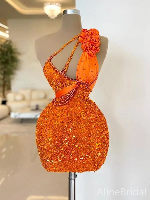 Sparkly Orange Sequins One Shoulder Short Homecoming Dress, HD3212