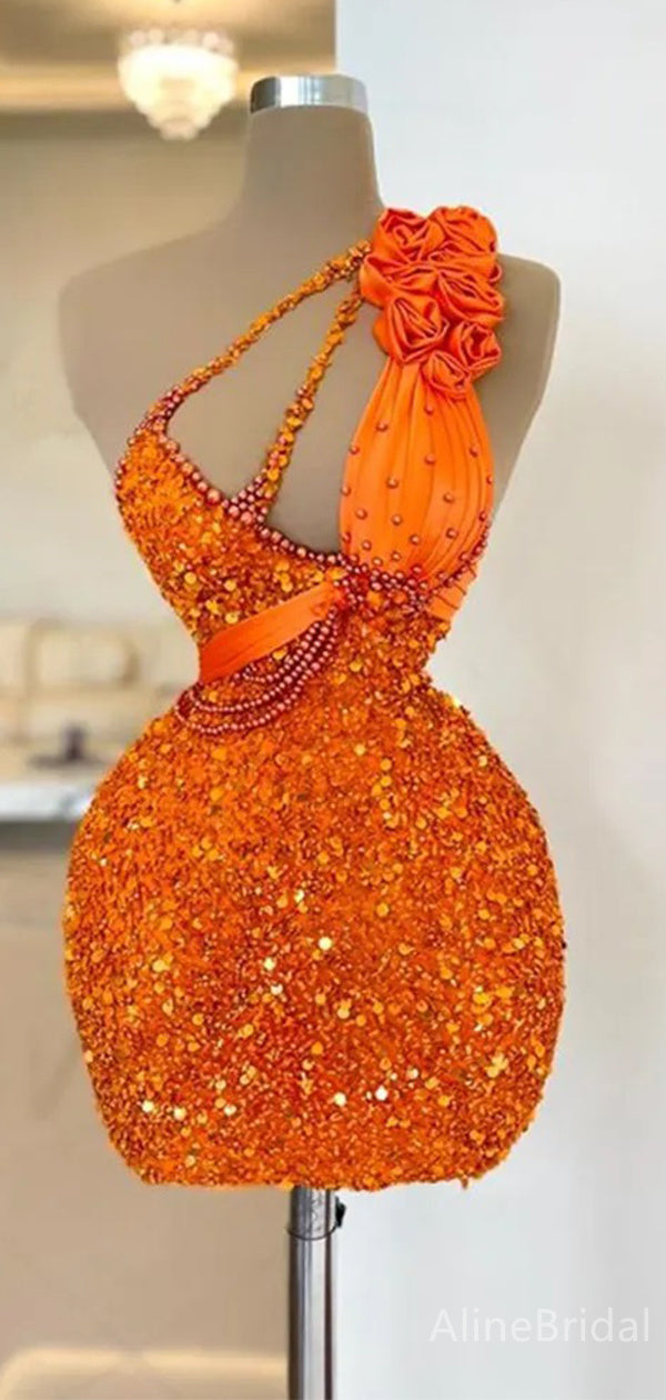 Sparkly Orange Sequins One Shoulder Short Homecoming Dress, HD3212