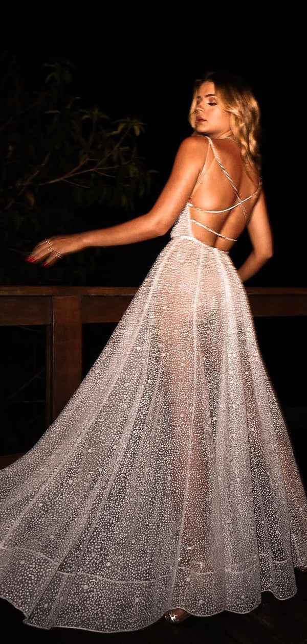 Sparkly White Sequin V-neck Backless Fashion Prom Dresses,PD00327