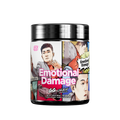 Black container with detailed supplement facts and directions label, featuring colorful cartoon elements at the bottom edge.