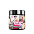Black container with a colorful comic-style label showing supplement facts and usage directions on the back.