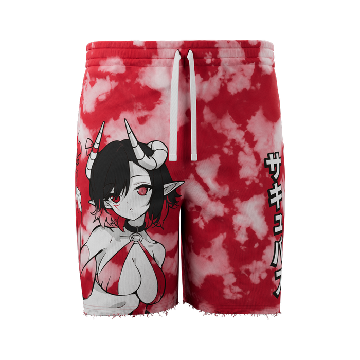 Red and white tie-dye sweat shorts with Japanese characters printed vertically on the side and a side pocket.