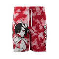 Red and white tie-dye sweat shorts with Japanese characters printed vertically on the side and a side pocket.