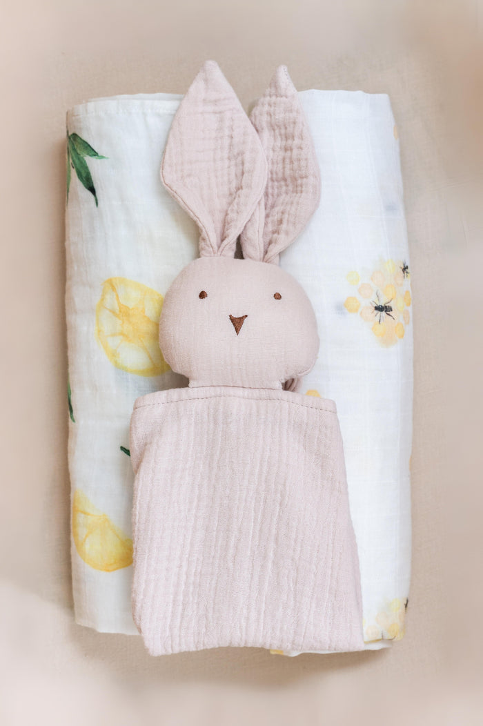 Sunshine Set organic newborn essentials with muslin swaddles and bunny comforter