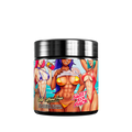 Black container with a colorful tropical leaf design and detailed supplement facts and instructions label on the back.
