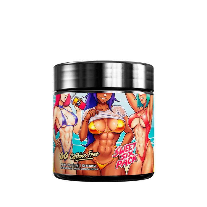 Black container with a colorful tropical leaf design and detailed supplement facts and instructions label on the back.