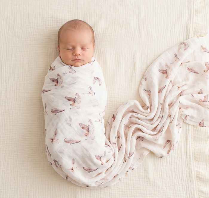 Newborn baby swaddled in an owl patterned swaddle on a blanket