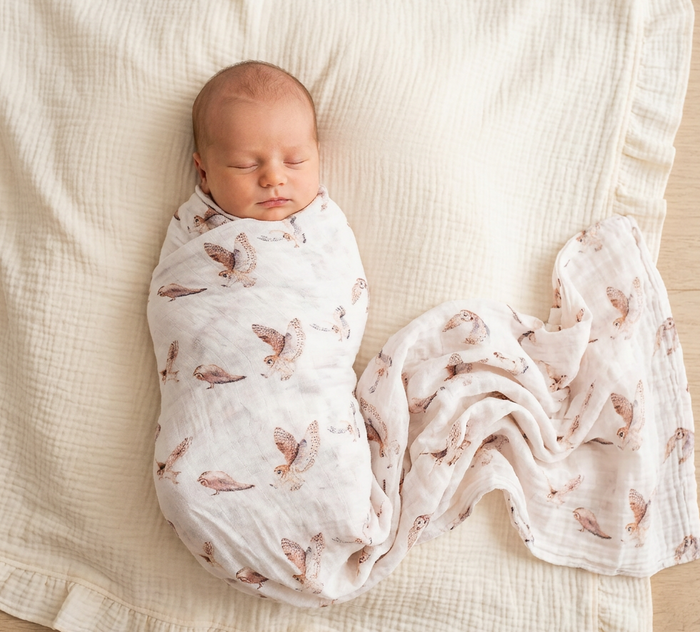 Newborn baby swaddled in an owl themed swaddle laying on a cream ruffled blanket