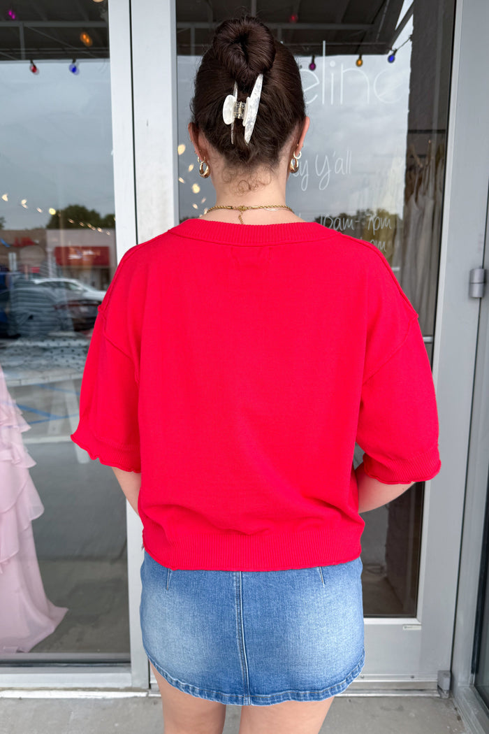 The Rowan Raw Edge Cardigan Red Back, adeline boutique, dallas boutique, boutique