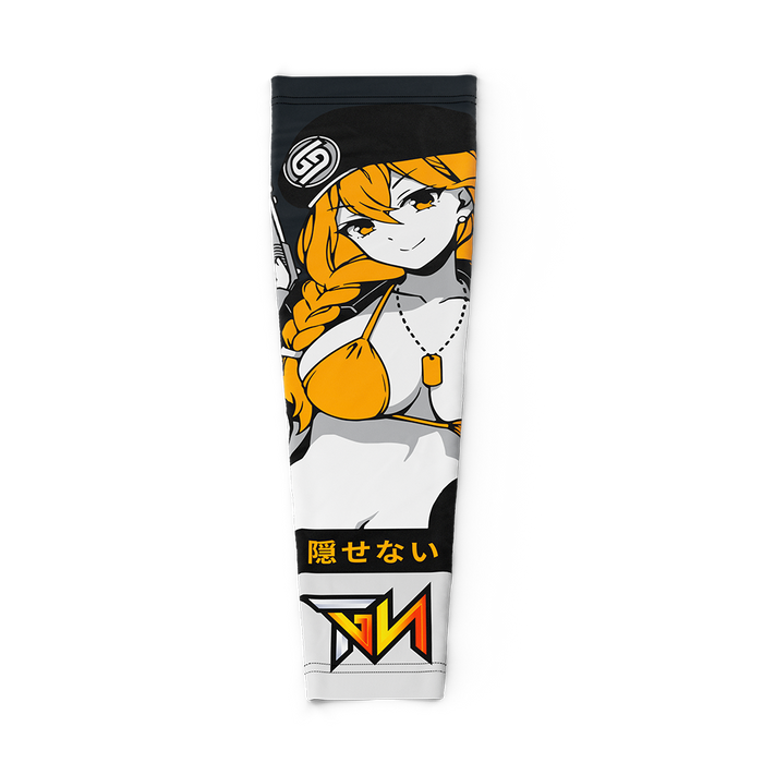Black and white gaming sleeve with an anime-style character holding a gun and orange hair detail in 2XL size.