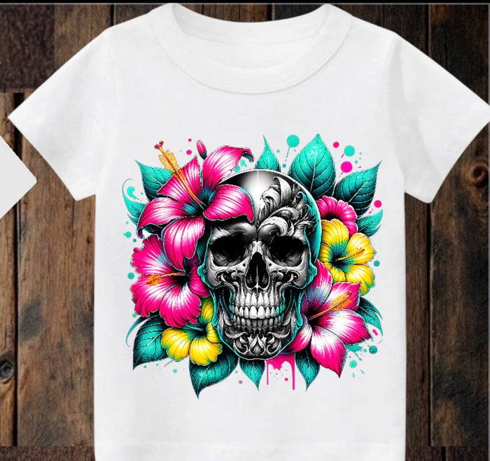 Tiny terror Tee- bright floral 💐 skull 💀 Claxton Creations GB