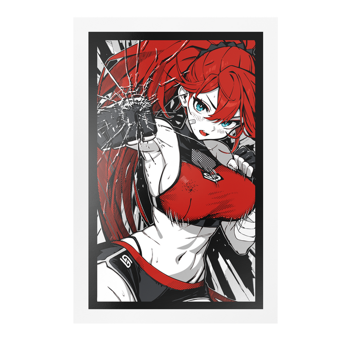 Red-haired anime character in black gloves punching through glass with intense blue eyes and a red outfit.