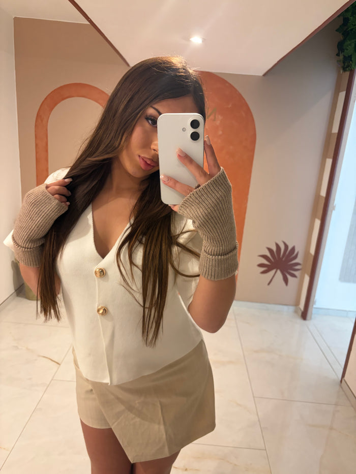 Top «Éclat Solaire» – Boutonné Maille Côtelée Blanc